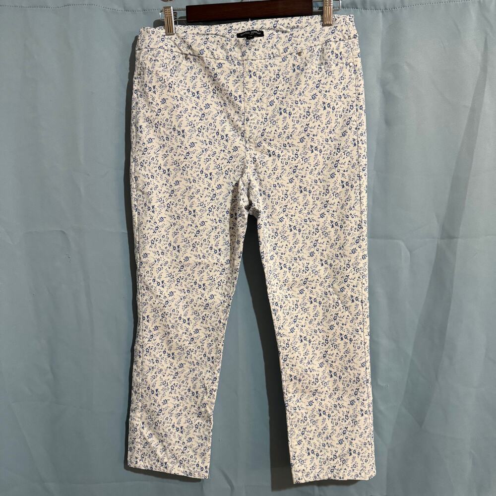 Mario Serrani Blue Ditzy Floral Stretch Pull-On Crop Capris Pants Sz Large